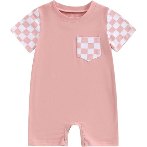 Karuedoo Newborn Baby Boy Girl Clothes Checkered Plaid Romper Jumpsuit Short Sleeve One-Piece Bodysuit Infant Summer Outfit (A-Pink, 0-3 Months)