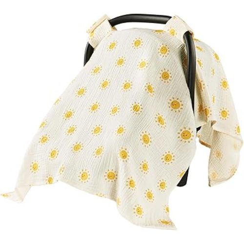 100% Muslin Cotton Car Seat Cover for Baby, Soft Breathable Car Seat Canopy, Universal Infant Carseat Cover Sun Protector, Lightweight Summer Stroller Cover for Boys Girls-Sunlight