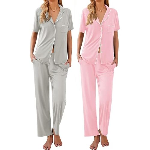 Ekouaer 2 Pack：Womens Pajamas Short Sleeve Pjs Notch Collar Button Up Loungewear Cozy Sleepwear Sets