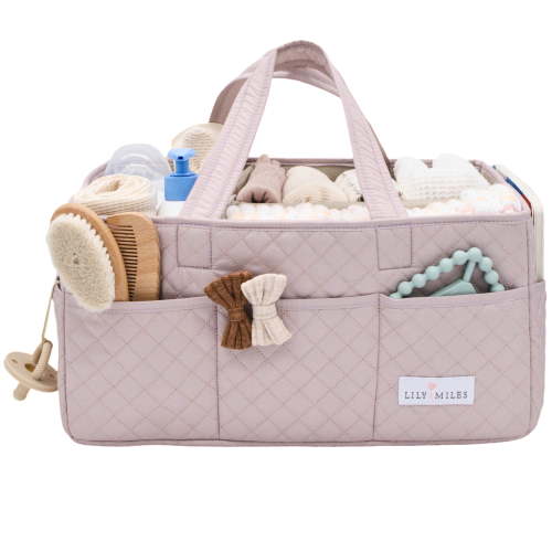 Lily Miles Baby Diaper Caddy Organizer, Quilted Nursery Storage Basket, Portable Changing Station Organizer, Rosy Lilac
