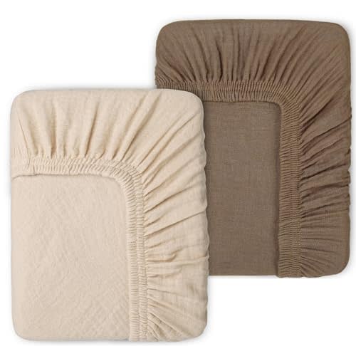 PET REJOIR 2 Pack Muslin Fitted Crib Sheets for Baby Girls & Boys-Neutral Breathable Crib Mattress Protector for Standard Crib Mattress(28"x 52")-Soft No Slip Cotton Bedding-Taupe Brown & Light Beige