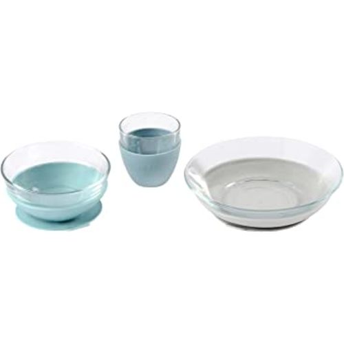 BEABA 3-Piece Suction Glass Set, Glass Bowl and Plate Set - Baby + Toddler Dinnerware Set for Baby Food, Baby Plate, Baby Bowl, Baby Cup, 2.5x Stronger than Reg Glass, (Rain)