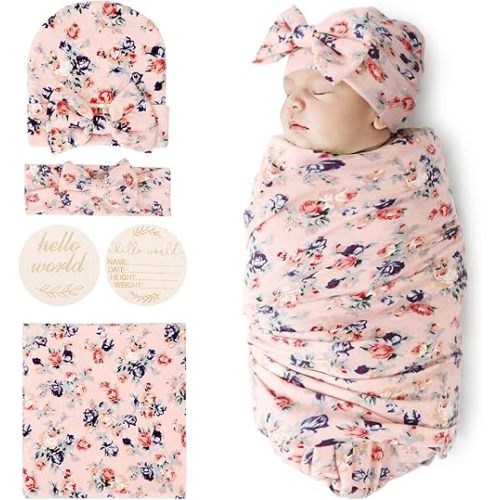 BQUBO Baby Girl Newborn Receiving Blanket with Bow Hat Headband Wooden Birth Announcement Card Set Baby Floral Print Nursery Swaddle Wrap
