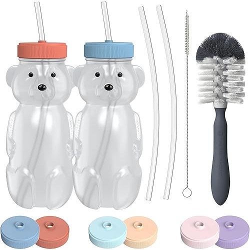 Honey Bear Straw Cup for Babies, 2-Pack Honey Bear Bottle with Travel Lid, Therapy Learning Honeybear Straw Cup, Baby Bottle Set 8 oz, Blueberry Pie & Firetruck
