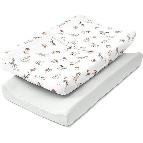 TILLYOU Changing Pad Cover Set in Soft Jersey Material - Fits 32"/34''x16 Contoured Pad for Babies, Bear Forest & Light Gray
