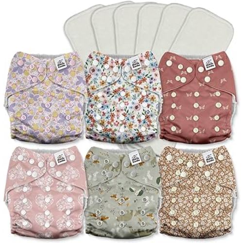 Mama Koala 3.0 Cloth Diapers for Babies with AWJ Lining, Reusable Washable One Size Adjustable Pocket Diapers for Newborns and Toddlers, 6 Pack with 6 5-Layer Bamboo Inserts (A-Wild Flowers)