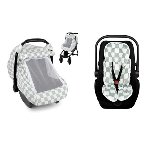 DILIMI Infant Car Seat Insert and Muslin Cotton Car Seat Covers for Babies, Green Checkered