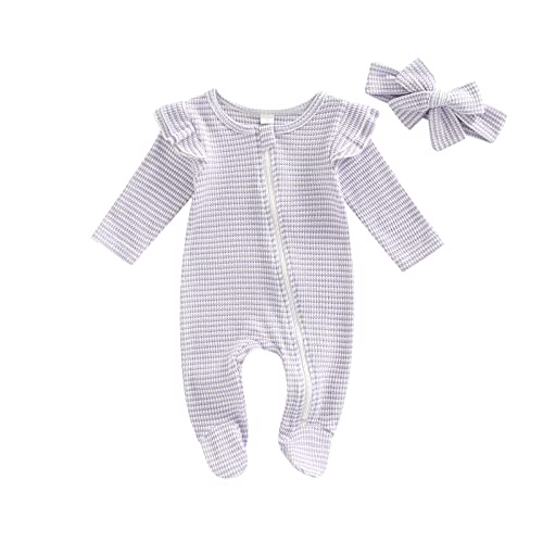 BemeyourBBs Newborn Baby Girl Clothes Ruffle Baby Sleeper Zipper Footie Romper Playsuit with Headband Outfit