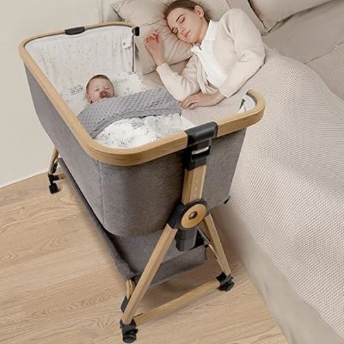 Baby Bassinet, Rocking Bassinets with Comfy Mattress and Wheels, 3 in 1 Bassinet Bedside Sleeper, Adjustable Height Easy Folding Portable Crib for Newborn (Grey)