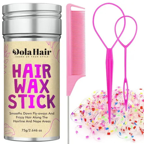 Dolahair Hair Wax Stick & Accessories - Flyaway Control for Kids & Women, 50 Pcs Colorful Elastic Hair Bands, 1 Pcs Slick Back Hair Brush, 2 Hair Loop Styling Tools