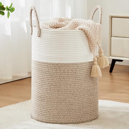 Cotton Rope Laundry Hamper by Fiona's magic, Tall Woven Laundry Basket Storage, Baby Nursery Hamper for Blankets, Toys and Clothes Hamper for Bedroom and Living Room Organizing, 58L, White & Brown