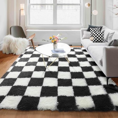 KICMOR 5x7 Rug for Living Room Bedroom, Fluffy Black and White Area Rug Fuzzy Shaggy Floor Carpets, Big Large Soft Plush Checkered Rugs for Kids Girls Boys Room Dorm Nursery, Home Decor Aesthetic