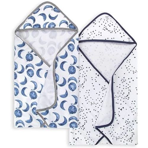 Burts Bees Baby Infant Hooded Towels Hello Moon! Organic Cotton, Unisex Bath Essentials and Newborn Necessities, Soft Nursery Towel with Hood Set, 2-Pack Size 29 x 29 Inch