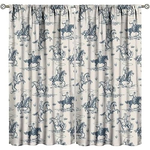 Vintage Western Cowboy Blackout Window Curtains, West Cowboy Ride Horse and Desert Cactus Pattern Window Drape, for Living Room Bedroom 21(W)*45(L) 2 Panels