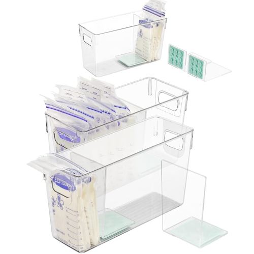 Breastmilk Storage Container with L Shaped Separator Boards, Dividers Will Flatten Standing Breast Milk Bags in Organizer Bins Save Refrigerator Space | 2 Containers Plus 4 Green Removable Dividers