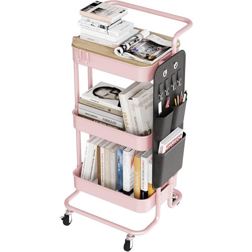 DTK 3 Tier Metal Utility Rolling Cart with Table Top and Side Bags, Metal Tray Storage Organizer Cart with Wheels, Art Craft Cart with 4 Hooks for Kitchen Bathroom Office Living Room (Pink)