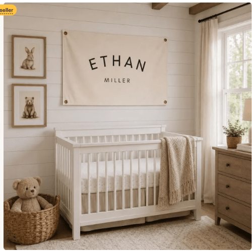 Personalized Nursery Name Banner, Custom Baby Name Flag, Boho Toddler Room Decor, Kids Fabric Hanging Wall Sign, Baby Shower Gift Boy Girl