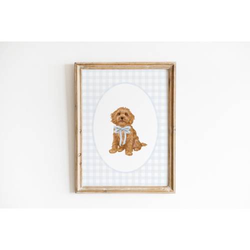 Cockapoo Nursery Print, Custom Watercolor Dog Nursery Art, Baby Boy Nursery, Blue Gingham Doodle Puppy Nursery Decor, Classic Blue Bow Art