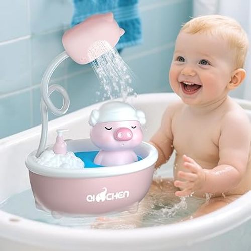 Baby Bath Shower Head - Pig Tub Baby Bath Toys for Kids Ages 1-3 Essentials- Water Pump Toy with Pig Spray Head and Faucet Sprayer, for Bathtub, Sink, Water Table (Pink)