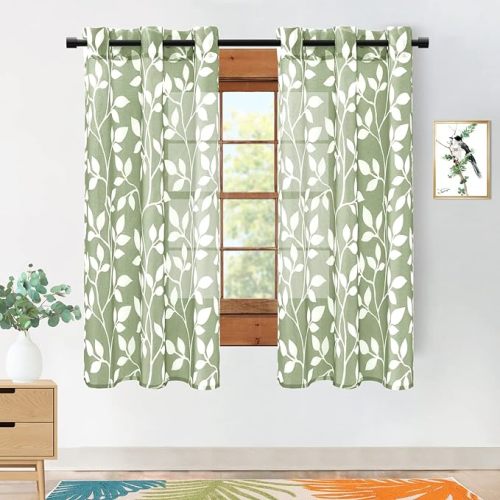 XTMYI 72 Inch Long Sheer Curtains for Living Room 2 Panels Set,Neutral Leaf Printed Patterned Forest Theme Boho Woodland Nursery Curtains Boy Girl Baby,Sage Green,6 FT Length - 42x72