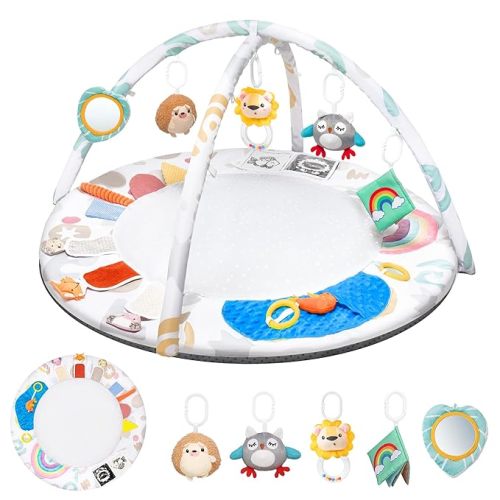 Montessori Baby Play Gym & Activity Mat for Brain Development (0-12Mo) | 5-Sensory Zones + 5 Toys |Portability Tummy Time Activity Mat Stage-Based for Newborn Brain Development Essential & Gift-Ready