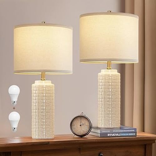 Luvkczc 24.8" Modern Ceramic Bedside Lamp Set of 2, 3 Color Temperature&Bulbs Included - Farmhouse Nightstand Lamps for Living Room Bedroom End Table Office Entryway, Off-White