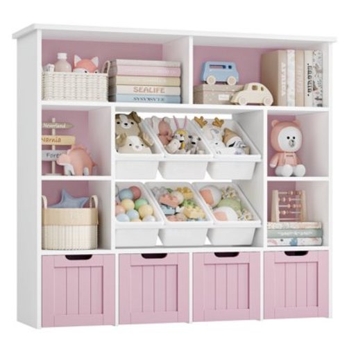 Hiphuta Large 4 Tier Kids Bookcase, Wood Toy Organizer of 6 Boxes & 4 Removable Drawers, Bookshelf for Kids Room, Pink