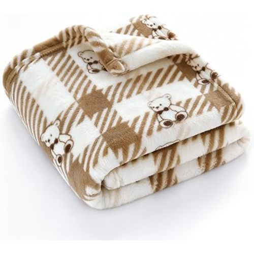 Baby Blanket with Plaid Bear Pattern for Boys 30 x 40 Inch Brown