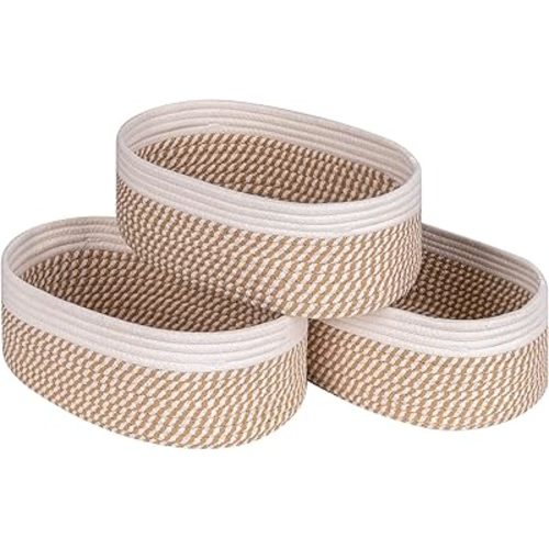 Shelf Storage Baskets for Organizing|Decorative Basket for Closet Storage|Toy Baskets&Bins|Small Woven Rope Baskets-13x8.66x5.11’’,Durable&Stylish,Oval 3 Packs Off White&Mixed Camel