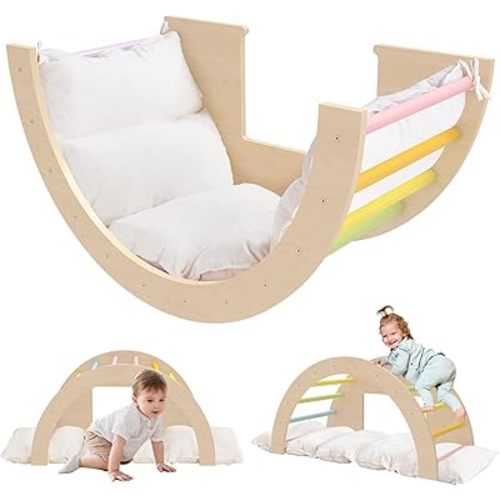 Beright 3 in 1 Climbing Arch Sensory Table with Cushion for Kids, Montessori Wooden Climbing Toys, Kids Sensory Table with a Storage Bin, Rocker Board, Indoor Gym Learning Playset, Rainbow