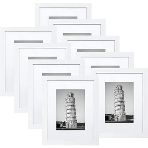 Wiscet 8x10 Picture Frame Set of 9, Display Pictures 5x7 with Mat or 8 x 10 Without Mat, Photo Frame for Wall Mounting or Tabletop Display, White.
