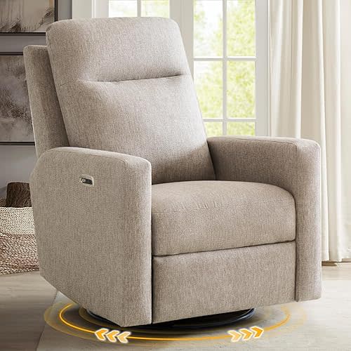 Power Recliner Chair, 270°Swivel Rocker Recliner w/USB & Type-C Charging Ports, Linen Fabric Upholstered Swivel Glider for Nursery,Living Room, Bedroom, Brown