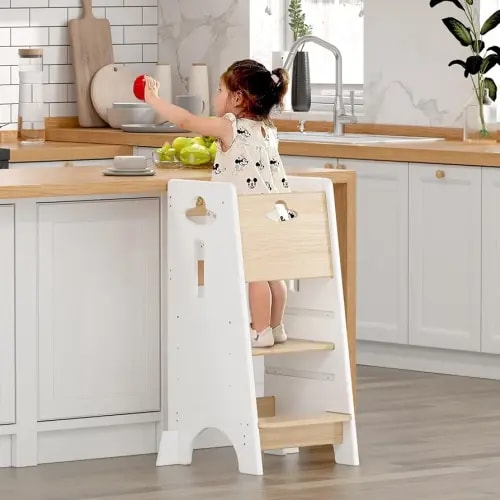 COSYLAND Toddler Standing Tower Adjustable Height - Super Stable Kids Kitchen Stool Helper - 3 Levels Adjustable Wooden Toddler Kitchen Stool (Natural & White)
