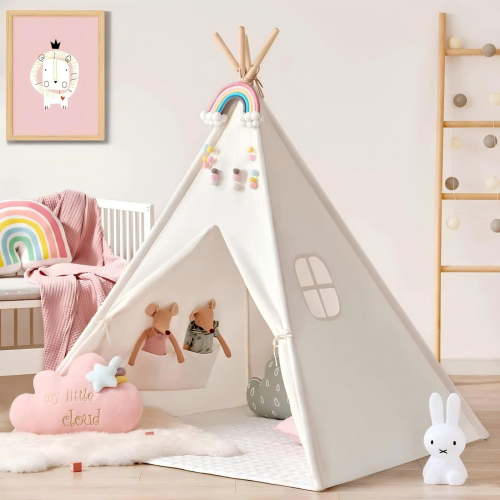 Tiny Land Teepee Tent for Kids, Foldable Play Tent with Mat, Portable Indoor & Outdoor Canvas Playhouse for Toddlers