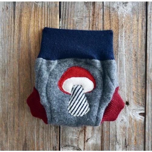Upcycled Cashmere Soaker Cover Diaper Cover Shorties With Added Doubler Gray/Navy Blue/ Burgundy With Mushroom Applique NEWBORN 0-3 Months