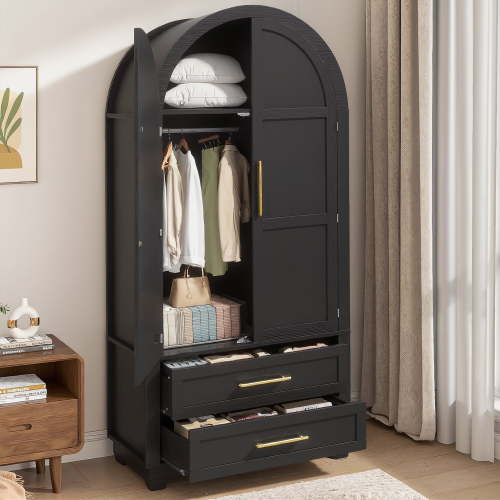 VEANERWOOD Arched Armoire Wardrobe Closet with 2 Drawers, Wooden Clothing Storage Cabinet with Hanging Rod & Metal Handle for Bedroom
