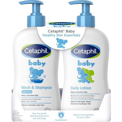 Cetaphil Baby Wash & Shampoo Plus Body Lotion, Healthy Skin Essentials, Head to Toe Hydration for up to 24 Hours, for Delicate, Sensitive Skin, 2-Pack,White