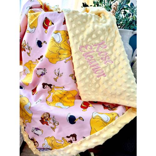 Disney Beauty and the Beast Blanket | Frame Style Border | Embroidery | Baby Shower Gift | Belle Dance Cotton Print & Minky