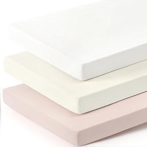 GRSSDER Mini Crib Sheets Fitted, Pack and Play Sheets 3 Pack, Ultra Soft Stretchy Pack N Play Sheets, Universal Fit for Playard Mattress, Jersey Crib Sheets for Girls, Cream/Pink