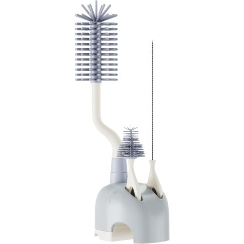 Silicone Bottle Brush Set with Stand, 360° Rotating Bottle Cleaning Brush Cleaner Set, Long Handle 3 in 1 Multipurpose Silicone Baby Bottle Straw Cleaner Brush (Grey)