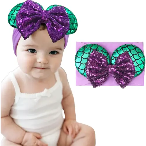 1PC Baby Girl Purple Mermaid Headband Mouse Ear Nylon Sequins Headband for Infant Baby Toddler Girls