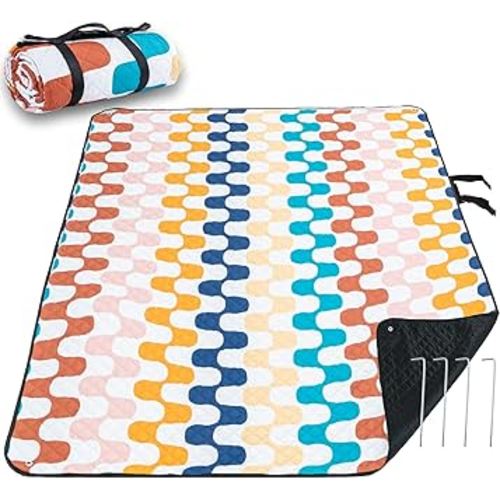 PY SUPER MODE Picnic Blankets Extra Large, Waterproof Foldable Outdoor Beach Blanket Oversized 78.74x59” Sandproof, 3-Layer Picnic Mat for Camping, Hiking, Travel, Park, Concerts-Waves