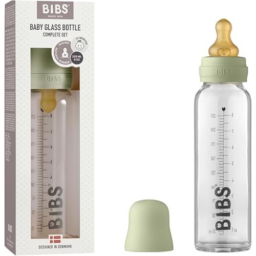 BIBS Baby Glass Bottle Complete Set 225 ml | BPA Free Natural Rubber | Made in Denmark | Sage