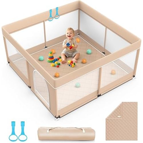 Omzer Baby Playpen with Mat 50x50inch: Large Playpen for Babies and Toddlers Indoor Safety Play Pen with Soft Breathable Mesh - All-Wrapped Sponge Sturdy Play Yard with Stable Mat Magic Sticker Beige