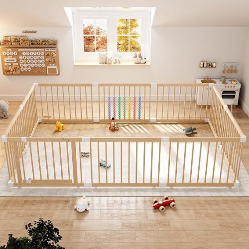 Large Wooden Baby Playpen - Size Adjustable Fence for Babies and Toddlers, Baby Play Yard with Locking Gate, Indoor Play Pen for Kids Activity Center 8 Panels 63.5”×63.5”