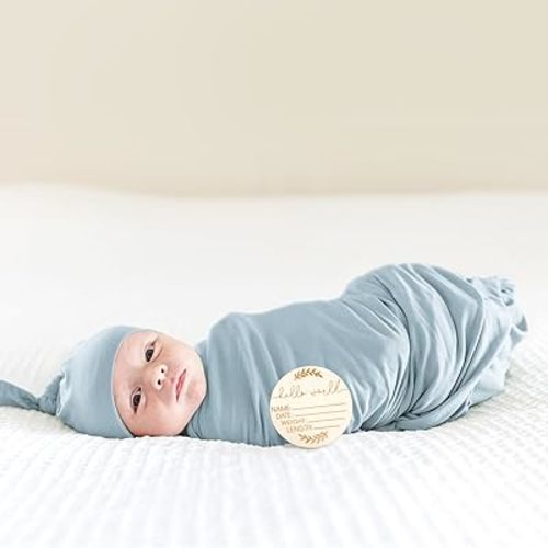 Baby Swaddle Receiving Blankets with Matching Beanie Set Newborn Nursery Swaddle Wrap for Baby Girls and Boys (Blue)