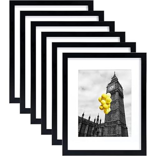 11x14 Picture Frame Set of 6 with Plexiglass, Display Pictures 8x10 with Mat or 11x14 Without Mat for Tabletop Display and Wall Mounting Black