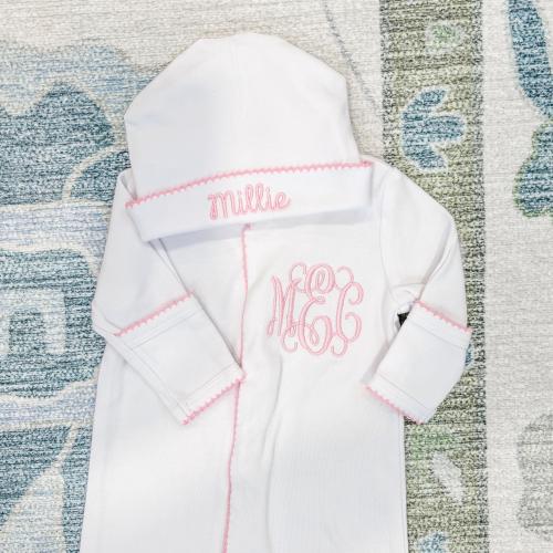 Custom Embroidered Newborn Girl Coming Home Outfit: Monogrammed Sleeper, Hat & Bib