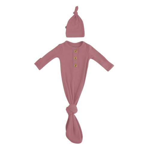 Ribbed Knotted Gown with Hat Set in Dusty Rose