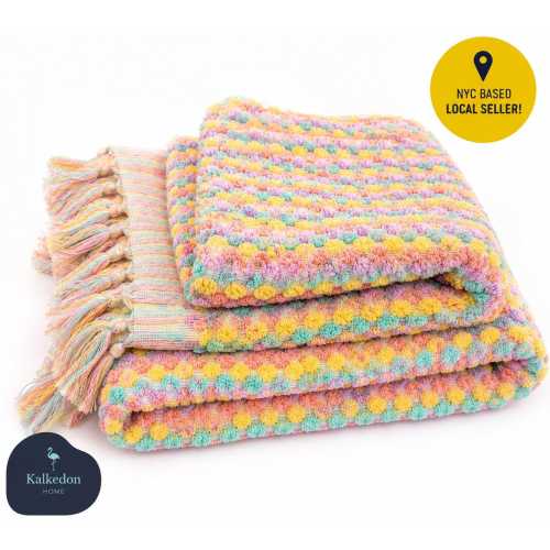 Checkered Bath Towel | Multicolor Pom Pom Bath Towel | Plush Turkish Cotton Towel